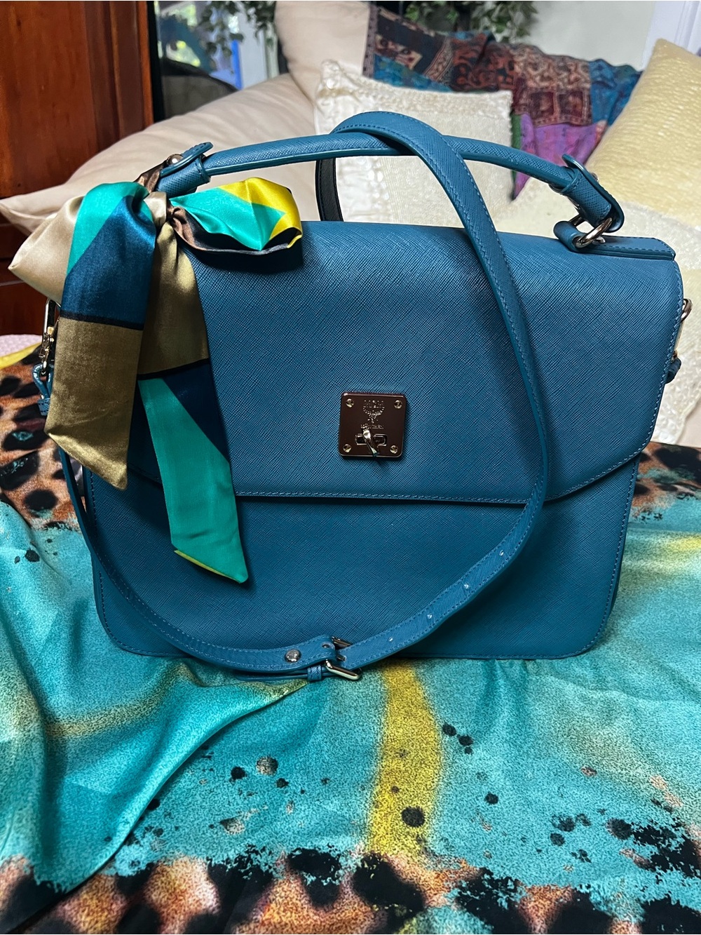 MCM Milla Flap Teal Leather Top Handle Crossbody Bag w/ COA Excellent Condition